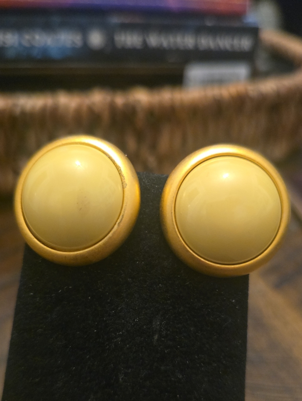 Joan Rivers Pale Yellow Dome Button Earrings with Gold Trim